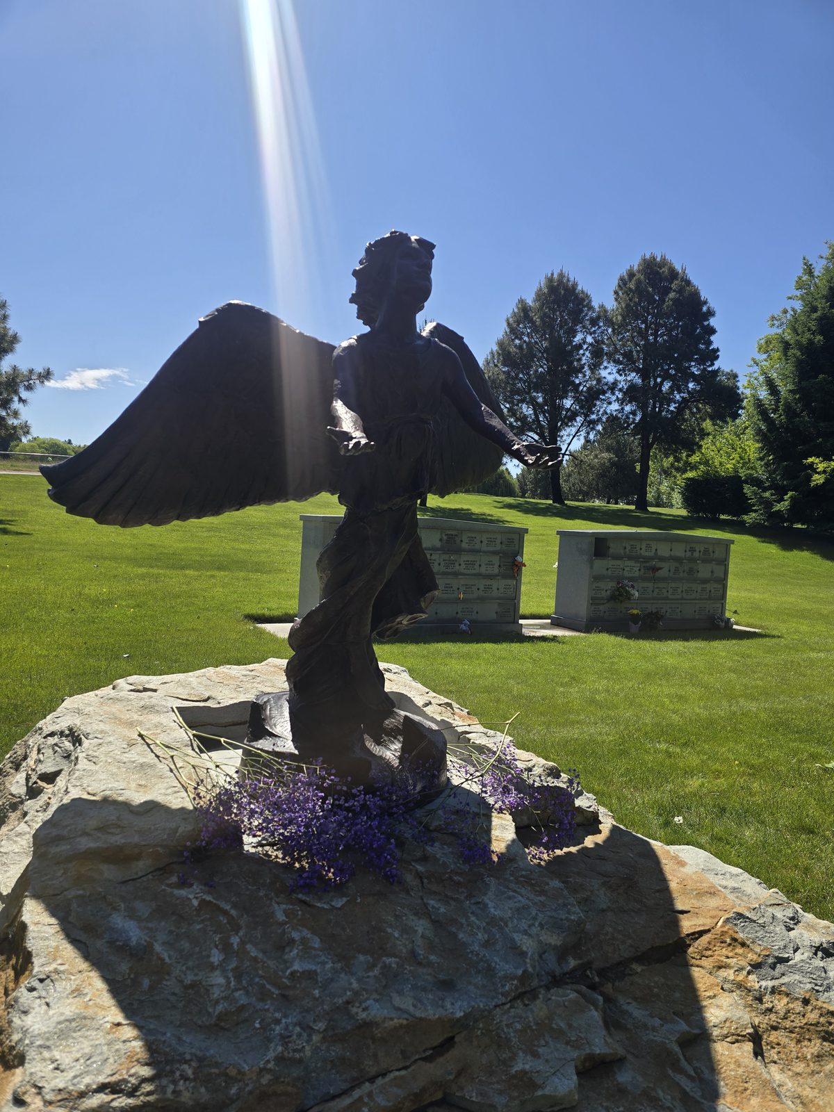 The bronze Angel of Hope statue with wings outstretched, backlit by the sun, with purple flowers at its base